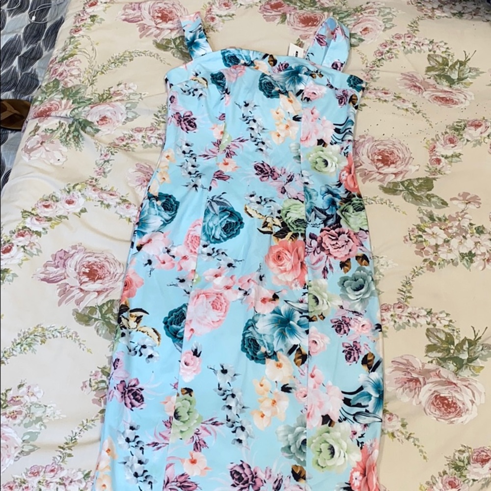 teal colored floral dress